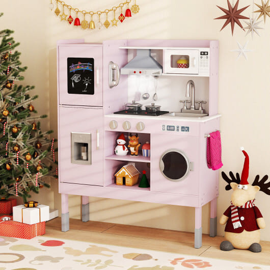 Pretend Play Kitchen Toy Kitchen Playset with Range Hood Ice Maker and Telephone-Pink - Color: Pink