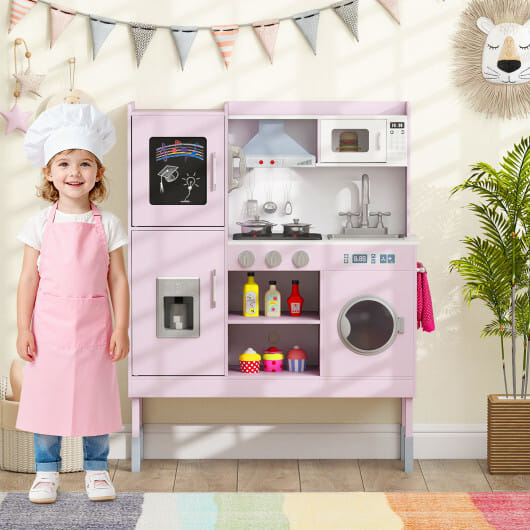 Pretend Play Kitchen Toy Kitchen Playset with Range Hood Ice Maker and Telephone-Pink - Color: Pink