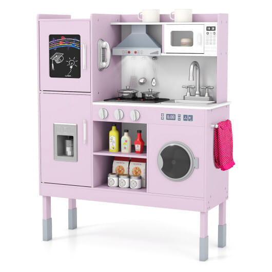 Pretend Play Kitchen Toy Kitchen Playset with Range Hood Ice Maker and Telephone-Pink - Color: Pink