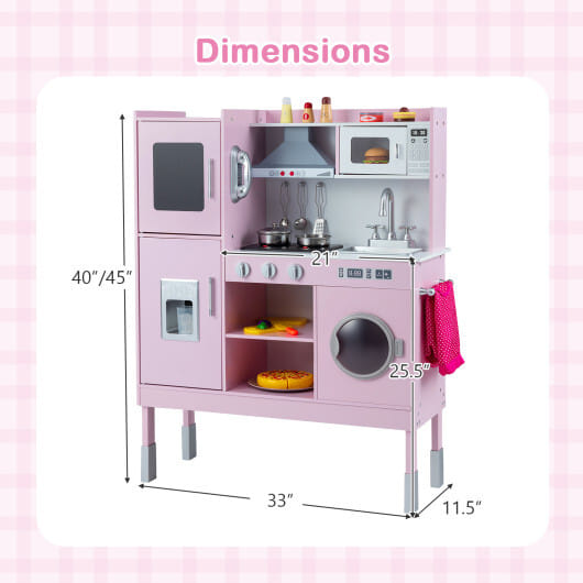 Pretend Play Kitchen Toy Kitchen Playset with Range Hood Ice Maker and Telephone-Pink - Color: Pink