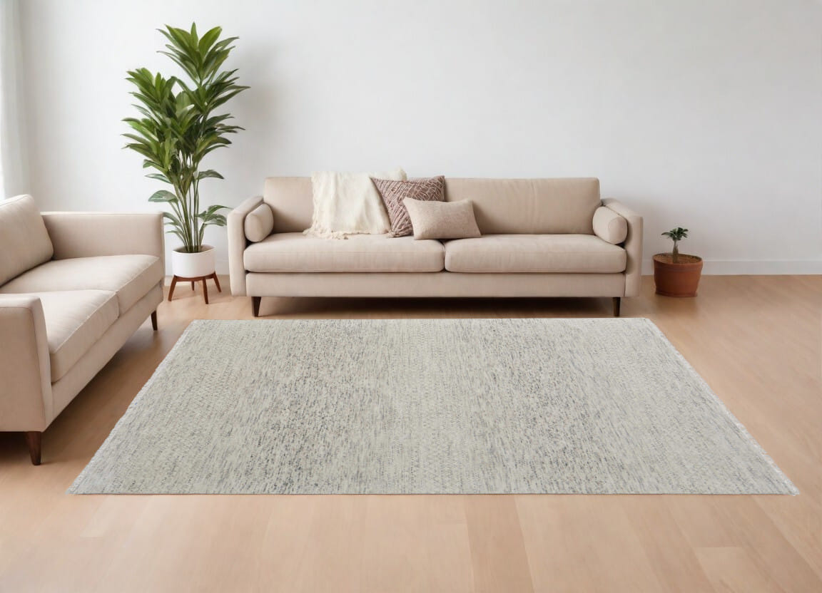8' X 10' Ivory and Gray Wool Hand Knotted Area Rug With Fringe