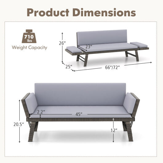 Outdoor Convertible Sofa Daybed with Adjustable Armrests for Balcony-Off White