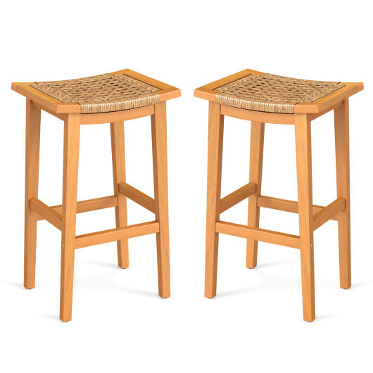 Outdoor Acacia Wood Bar Stools Set of 2 with PE Rattan Seats and Backrests
