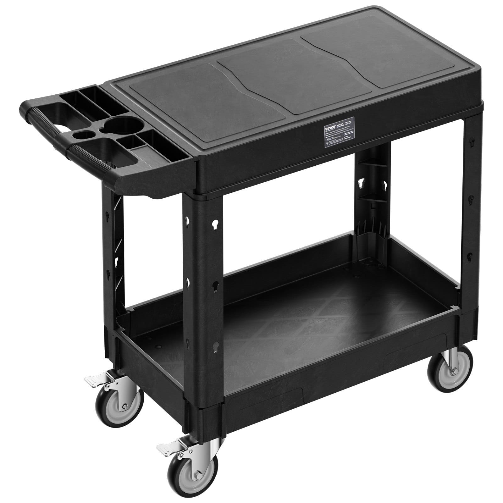 Utility Cart, 550 lbs Load Capacity, 31.3 x 17.7-inch Service Cart, Two-Shelf Heavy Duty Plastic Utility Cart with 360?° Swivel Wheels (2 with Brakes), Suitable for Warehouse, Garage, Cleaning