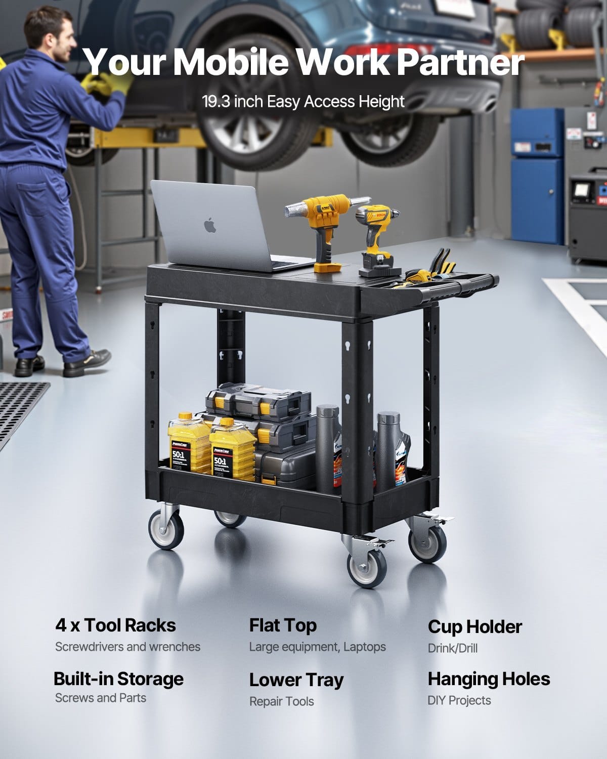 Utility Cart, 550 lbs Load Capacity, 31.3 x 17.7-inch Service Cart, Two-Shelf Heavy Duty Plastic Utility Cart with 360?° Swivel Wheels (2 with Brakes), Suitable for Warehouse, Garage, Cleaning