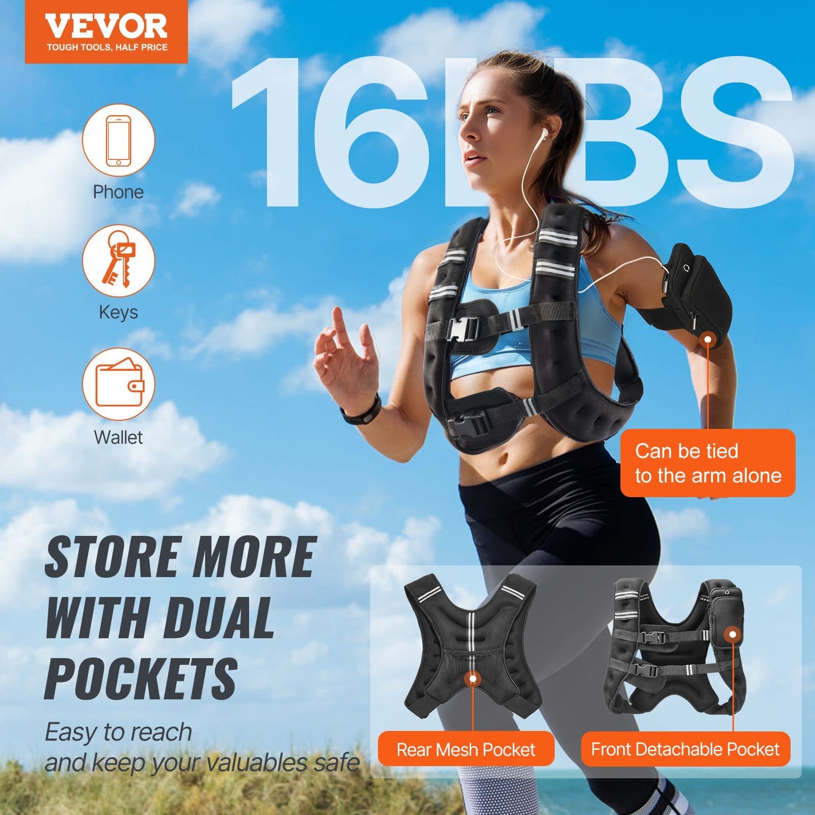 Weighted Vest, 16 lbs Weight Vest with Reflective Stripe, Adjustable Buckle Body Weight Vest for Men Women, Workout Equipment for Strength Training, Running, Jogging, Fitness, and Weight Loss