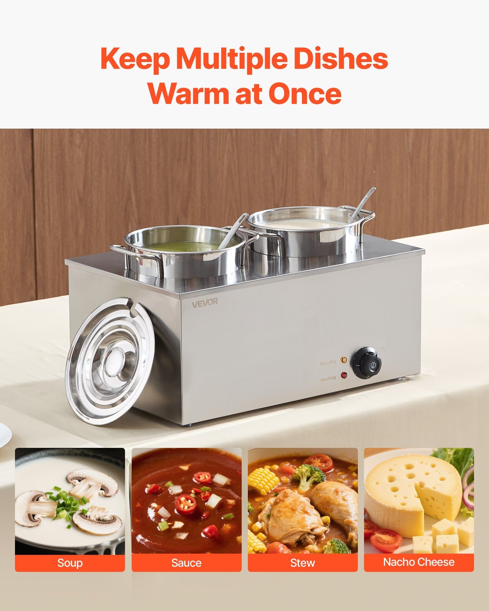 Electric Soup Warmer, Two 6.34QT Stainless Steel Round Pot with 86~185?°F Adjustable Temp, 1200W Commercial Bain Marie Compatible with Pans, Soup Station for Restaurant, Buffet