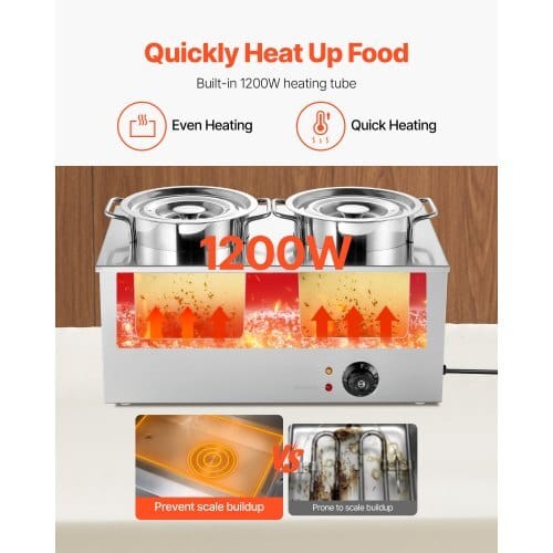 Electric Soup Warmer, Two 6.34QT Stainless Steel Round Pot with 86~185?°F Adjustable Temp, 1200W Commercial Bain Marie Compatible with Pans, Soup Station for Restaurant, Buffet
