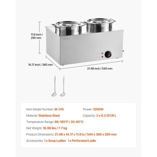 Electric Soup Warmer, Two 6.34QT Stainless Steel Round Pot with 86~185?°F Adjustable Temp, 1200W Commercial Bain Marie Compatible with Pans, Soup Station for Restaurant, Buffet