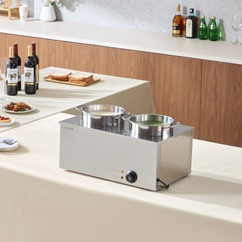 Electric Soup Warmer, Two 6.34QT Stainless Steel Round Pot with 86~185?°F Adjustable Temp, 1200W Commercial Bain Marie Compatible with Pans, Soup Station for Restaurant, Buffet