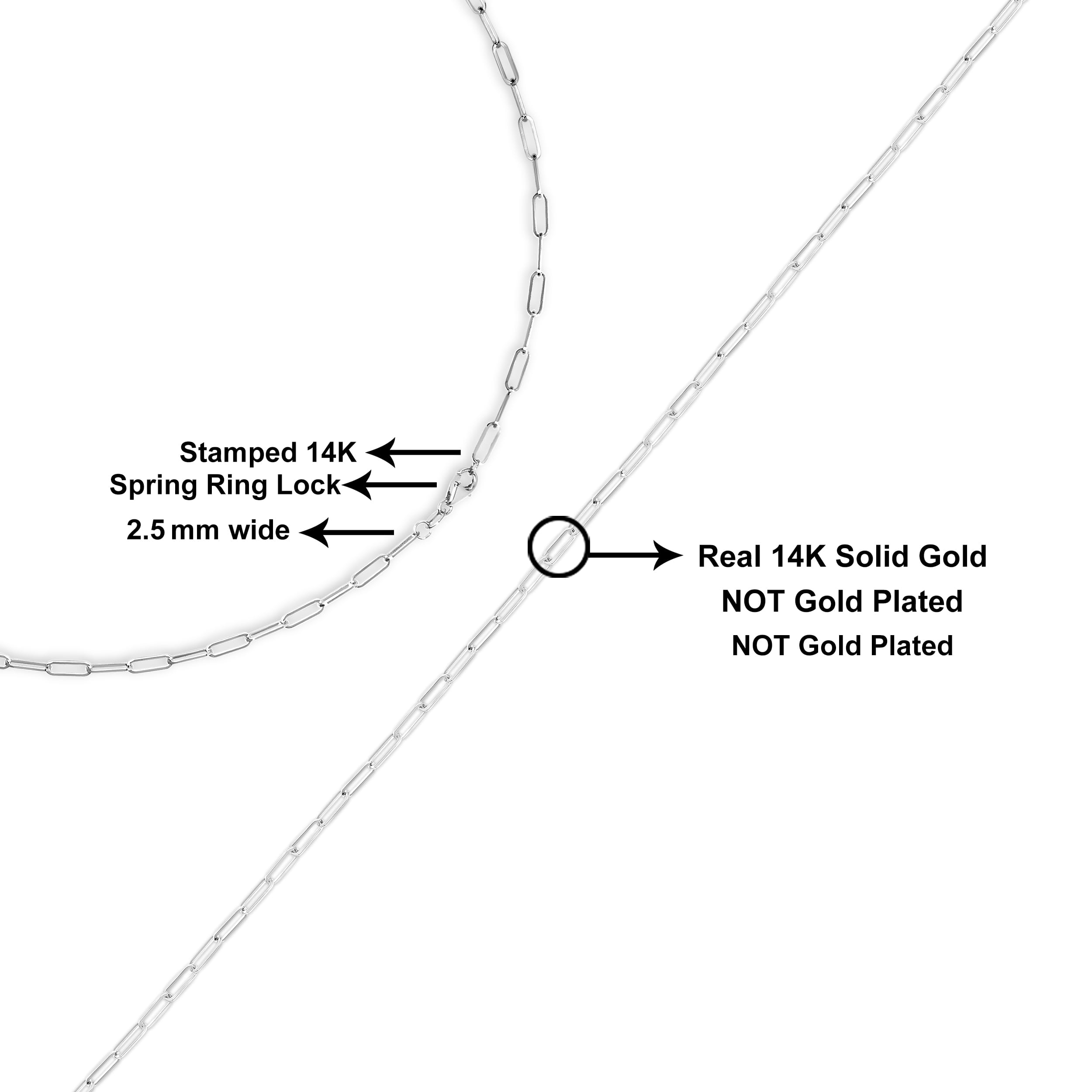 Solid 14K White Gold 2.5mm Paperclip Chain Necklace Unisex 18" Inches
