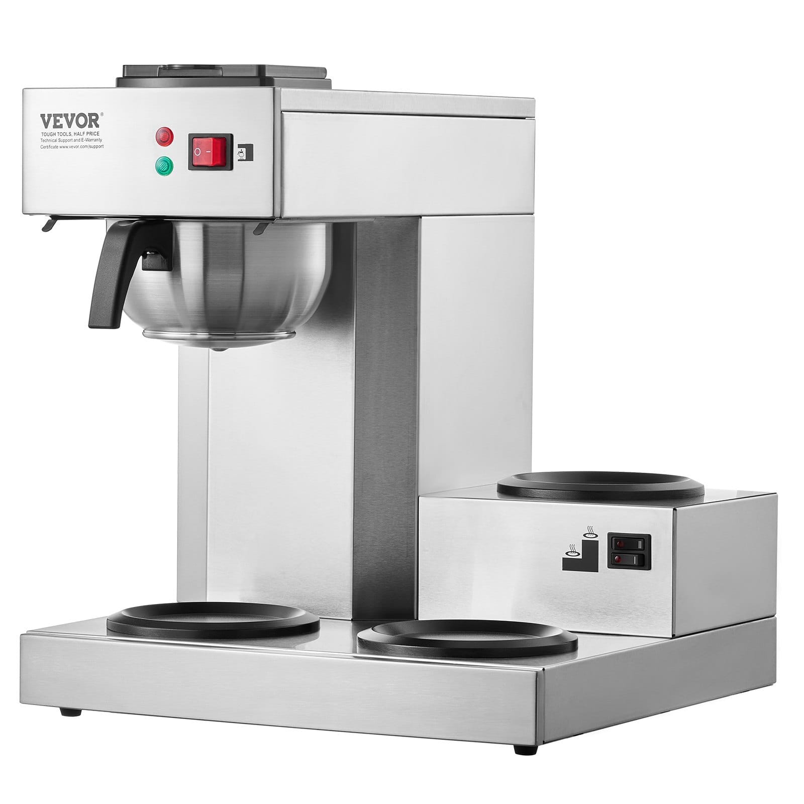 12 Cups Commercial Drip Coffee Maker, Coffee Maker Machine with 3 Glass Carafes and 3 Warmer Plates, Stainless Steel Pour Over Coffee Brewer with Auto Water Intake, for Restaurant Office Cafe
