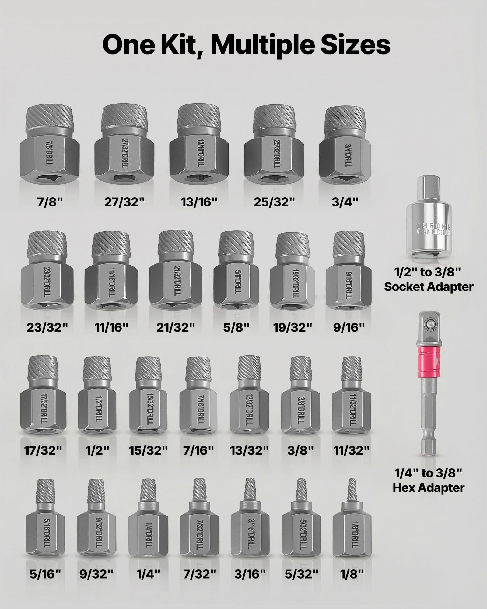Screw Extractor Set, 27 Pieces Hex Head Multi-Spline Easy Out Bolt Extractor Tool, with Adapters, Solid Storage Case, Cr-Mo Steel Stripped Bolt Remover for Removing Rounded, Broken Bolts, Screws