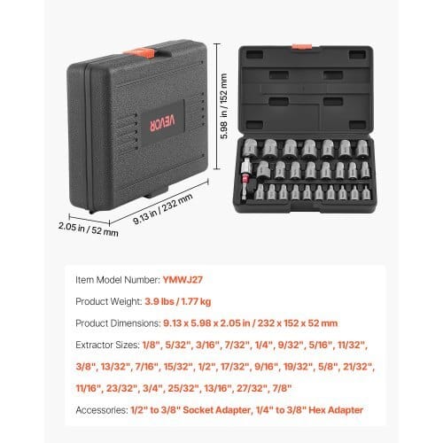 Screw Extractor Set, 27 Pieces Hex Head Multi-Spline Easy Out Bolt Extractor Tool, with Adapters, Solid Storage Case, Cr-Mo Steel Stripped Bolt Remover for Removing Rounded, Broken Bolts, Screws