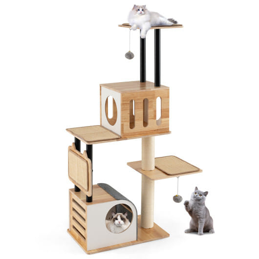 Modern Tall Cat Tower with Double Condos with Dangling Balls and Sisal Carpets-Natural - Color: Natural