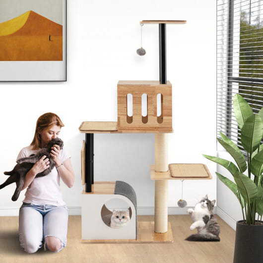 Modern Tall Cat Tower with Double Condos with Dangling Balls and Sisal Carpets-Natural - Color: Natural