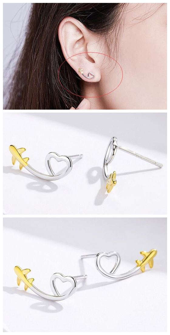 Minimalist Design Cartoon Airplane and Golden Heart Wholesale 925 Sterling Silver Earrings
