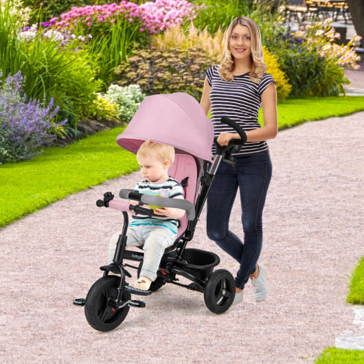 4-in-1 Baby Tricycle Toddler Trike with Reversible Seat and 5-Point Safety Harness-Gray