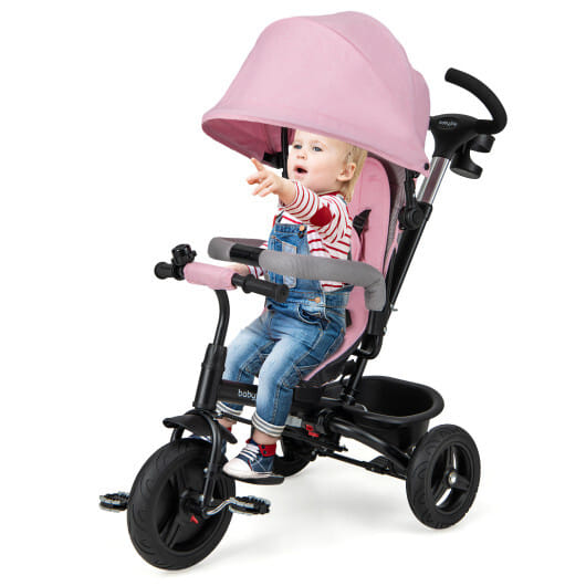 4-in-1 Baby Tricycle Toddler Trike with Reversible Seat and 5-Point Safety Harness-Gray