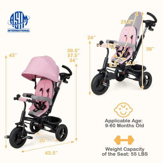 4-in-1 Baby Tricycle Toddler Trike with Reversible Seat and 5-Point Safety Harness-Gray