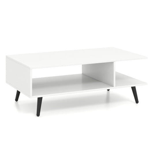Mid Century Modern Rectangle Coffee Table 2-Tier Accent Table with 2 Open Compartments-White - Color: White