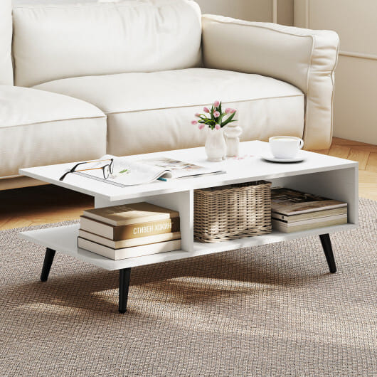 Mid Century Modern Rectangle Coffee Table 2-Tier Accent Table with 2 Open Compartments-White - Color: White