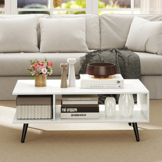 Mid Century Modern Rectangle Coffee Table 2-Tier Accent Table with 2 Open Compartments-White - Color: White