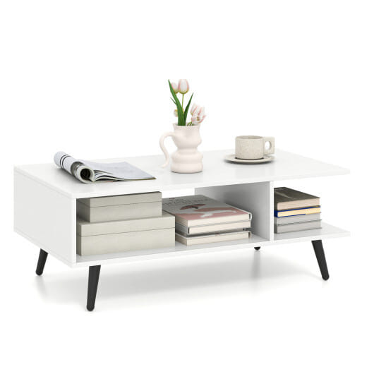 Mid Century Modern Rectangle Coffee Table 2-Tier Accent Table with 2 Open Compartments-White - Color: White