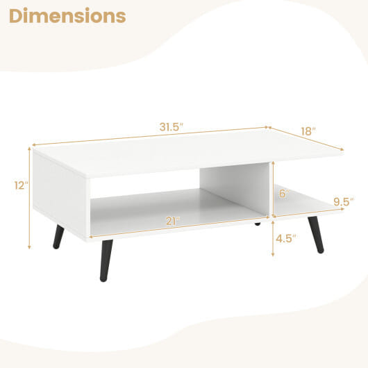 Mid Century Modern Rectangle Coffee Table 2-Tier Accent Table with 2 Open Compartments-White - Color: White