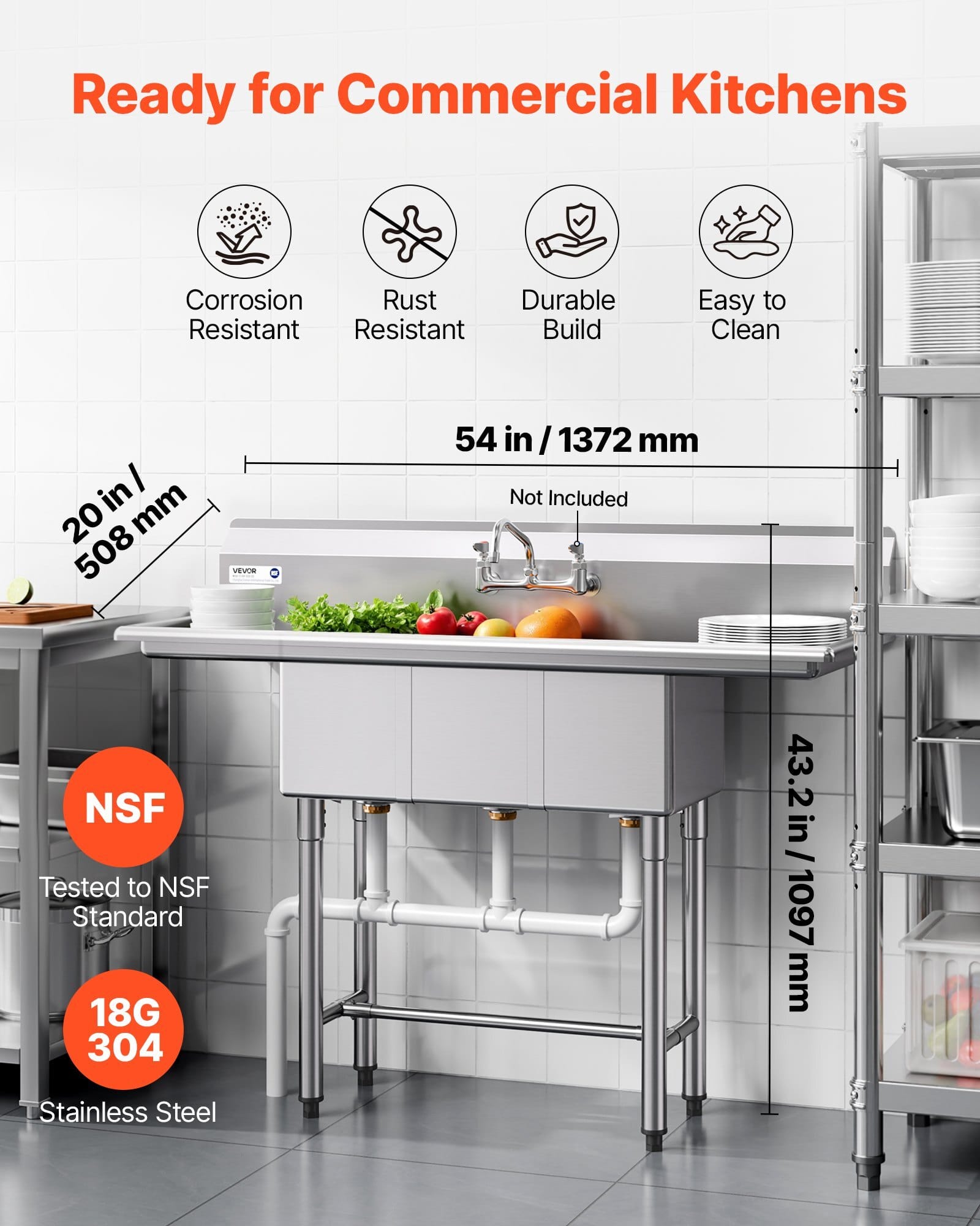 3 Compartment Sink, 18-Gauge 304 Stainless Steel, 10" x 14" x 10" Bowl Size, 3 Bay Commercial Kitchen Prep & Utility Sink with 2 Drainboards and Backsplash for Restaurant, Food Truck & Home Use