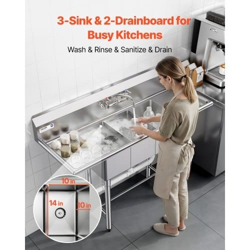 3 Compartment Sink, 18-Gauge 304 Stainless Steel, 10" x 14" x 10" Bowl Size, 3 Bay Commercial Kitchen Prep & Utility Sink with 2 Drainboards and Backsplash for Restaurant, Food Truck & Home Use