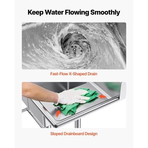 3 Compartment Sink, 18-Gauge 304 Stainless Steel, 10" x 14" x 10" Bowl Size, 3 Bay Commercial Kitchen Prep & Utility Sink with 2 Drainboards and Backsplash for Restaurant, Food Truck & Home Use