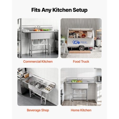 3 Compartment Sink, 18-Gauge 304 Stainless Steel, 10" x 14" x 10" Bowl Size, 3 Bay Commercial Kitchen Prep & Utility Sink with 2 Drainboards and Backsplash for Restaurant, Food Truck & Home Use
