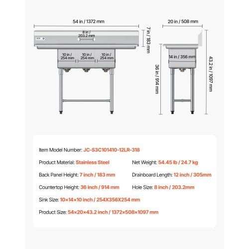 3 Compartment Sink, 18-Gauge 304 Stainless Steel, 10" x 14" x 10" Bowl Size, 3 Bay Commercial Kitchen Prep & Utility Sink with 2 Drainboards and Backsplash for Restaurant, Food Truck & Home Use