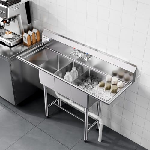 3 Compartment Sink, 18-Gauge 304 Stainless Steel, 10" x 14" x 10" Bowl Size, 3 Bay Commercial Kitchen Prep & Utility Sink with 2 Drainboards and Backsplash for Restaurant, Food Truck & Home Use