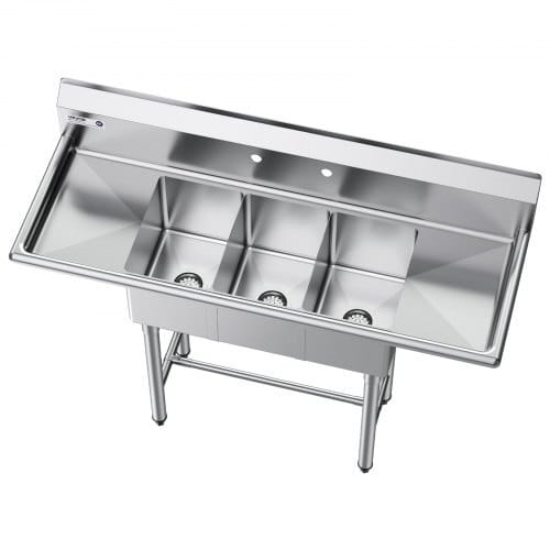 3 Compartment Sink, 18-Gauge 304 Stainless Steel, 10" x 14" x 10" Bowl Size, 3 Bay Commercial Kitchen Prep & Utility Sink with 2 Drainboards and Backsplash for Restaurant, Food Truck & Home Use
