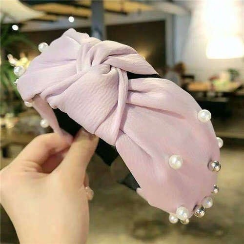 Artificial Pearl Embellished Bowknot Design Cloth Hair Hoop - Pink