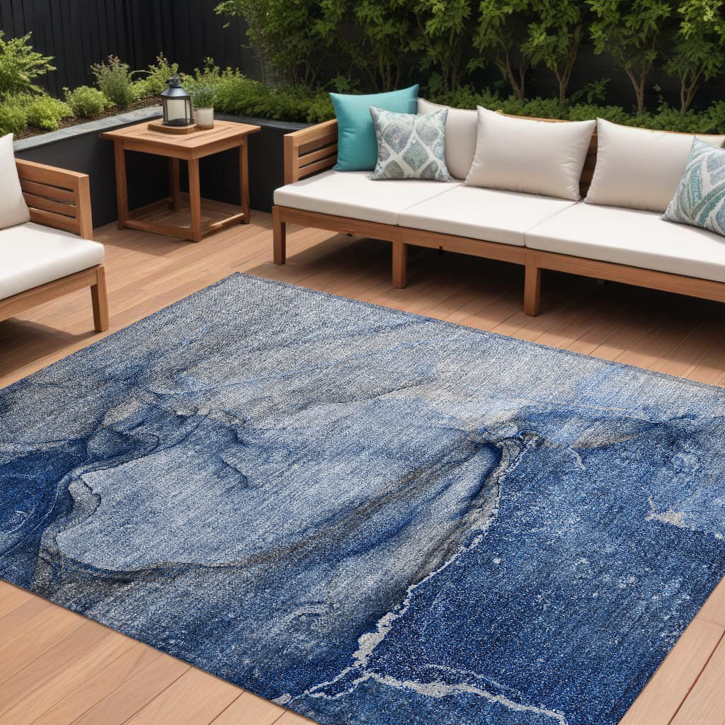 8' X 10' Navy Blue Abstract Washable Non Skid Indoor Outdoor Area Rug