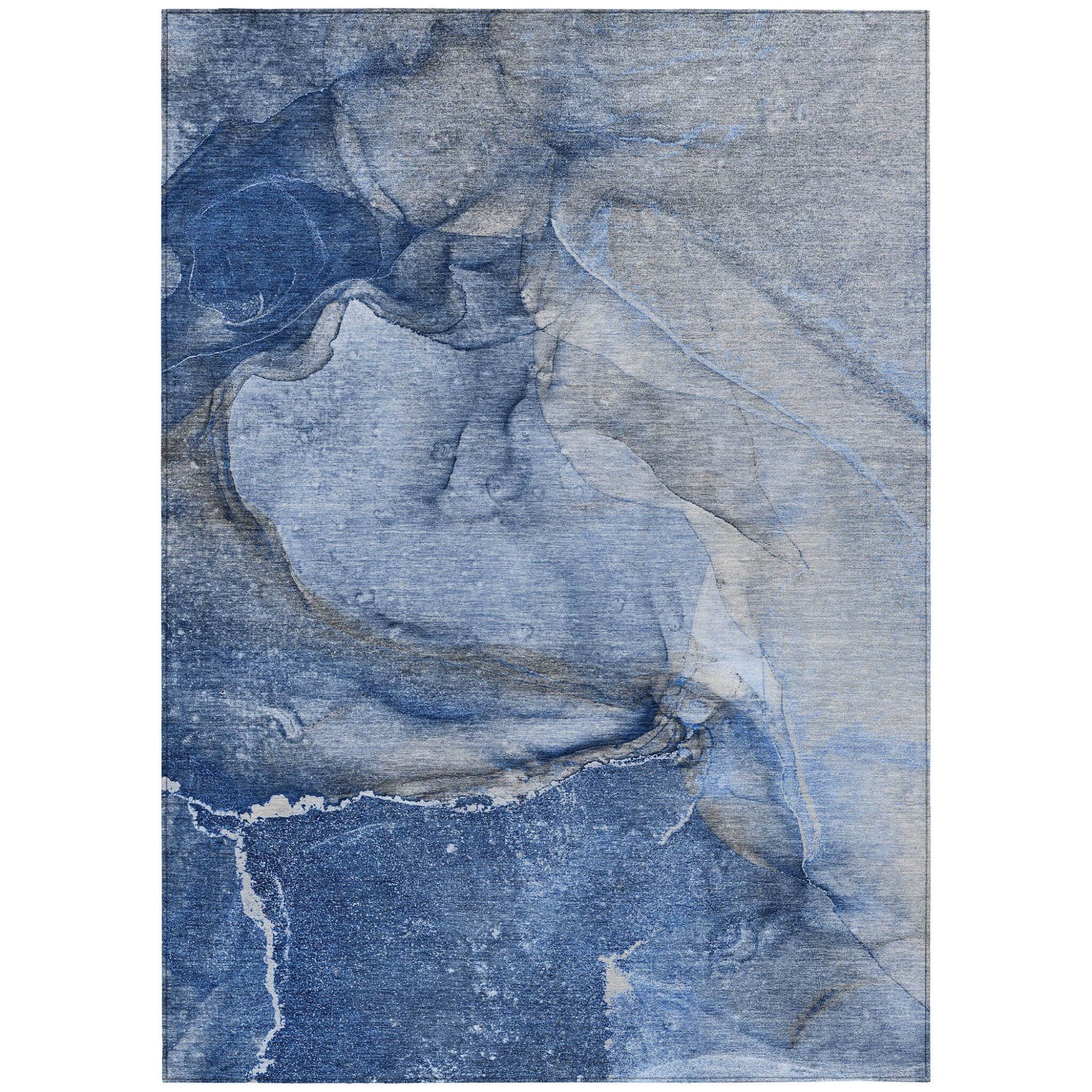 8' X 10' Navy Blue Abstract Washable Non Skid Indoor Outdoor Area Rug