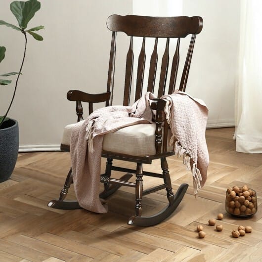 Rocking Chair with Solid Wooden Frame for Garden and Patio-Brown - Color: Brown