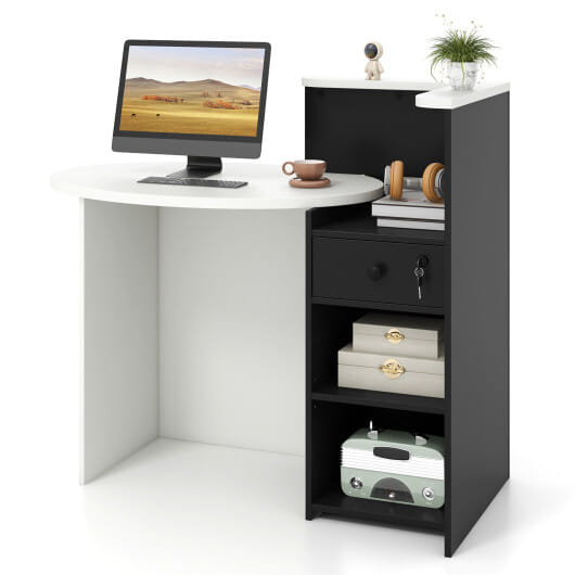 Front Reception Office Desk with Open Shelf and Drawer-Black & White