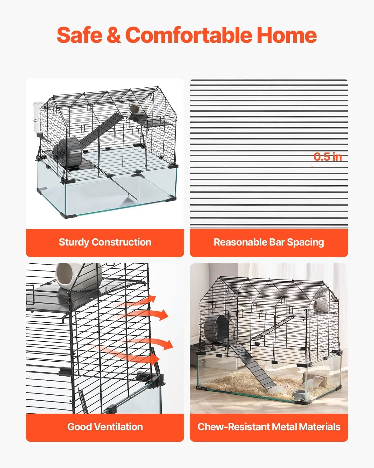 Hamster Cage, 360?° Viewing Transparent Hamster Habitats, Small Animal Cage, 22.8 x 15 x 21.3 in, Ventilated Pet Mouse Cages with Water Bottle, Portable Hamster House for Rats, Guinea Pigs