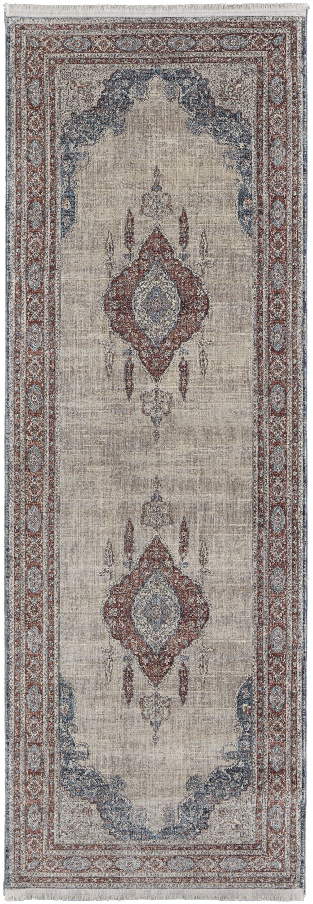 8' Blue and Gray Floral Power Loom Runner Rug With Fringe