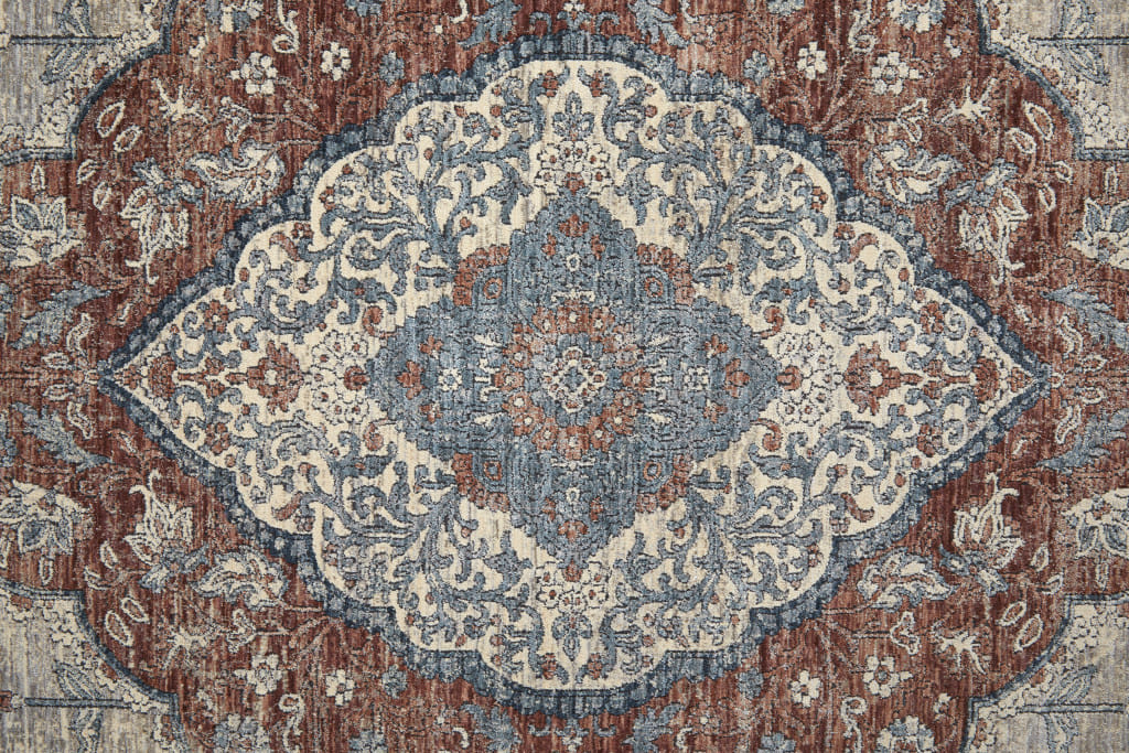 8' Blue and Gray Floral Power Loom Runner Rug With Fringe