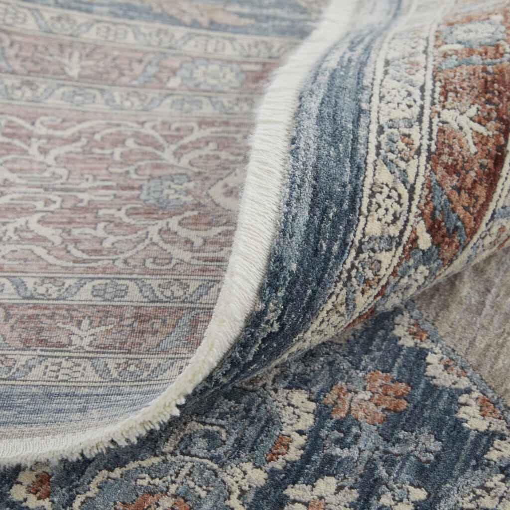 8' Blue and Gray Floral Power Loom Runner Rug With Fringe