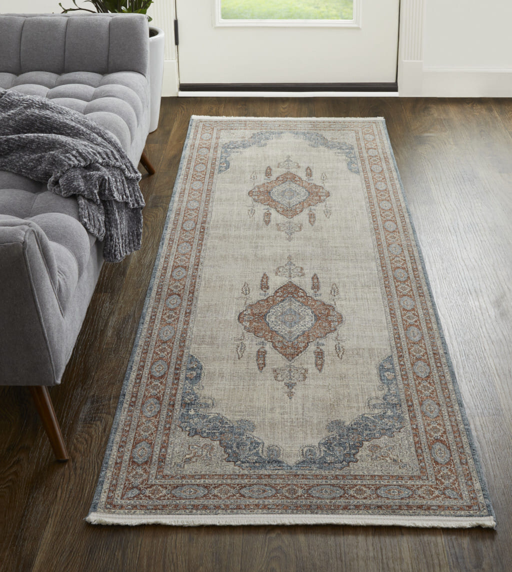 8' Blue and Gray Floral Power Loom Runner Rug With Fringe