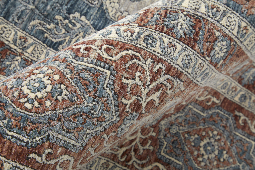 8' Blue and Gray Floral Power Loom Runner Rug With Fringe