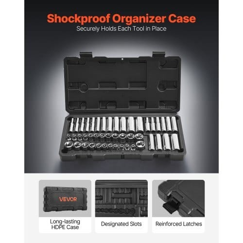 Socket Set, 46 Pieces, 1/4 inch Drive Socket Tool Set, SAE and Metric Size, Deep and Standard, Mechanic Tool Kit with Storage Case, Chrome Plated CR-V Alloy Steel, for Automotive Repair