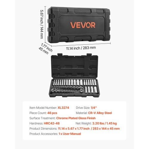 Socket Set, 46 Pieces, 1/4 inch Drive Socket Tool Set, SAE and Metric Size, Deep and Standard, Mechanic Tool Kit with Storage Case, Chrome Plated CR-V Alloy Steel, for Automotive Repair