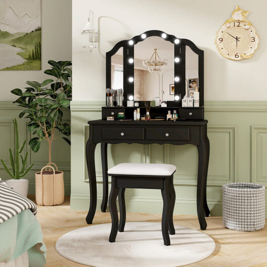 Makeup Vanity Table Set with Lighted Mirror and Drawers-Black - Color: Black